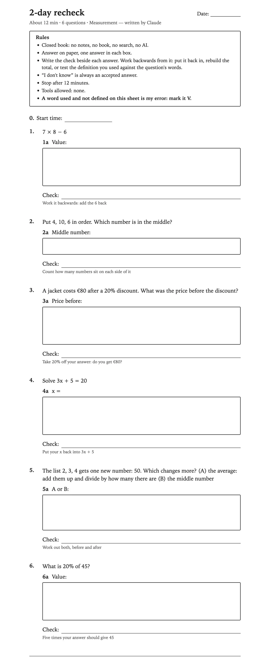 The top of a real 2-day recheck sheet printed by indelible: a rules box, a start time, and questions with an answer box and a Check line under each.
